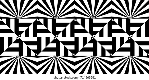 Seamless pattern with black white striped lines, rays, sharp beams. Abstract shining effect, glow light of gemstones. Psychedelic trance crazy chaotic tile. Op art gala element, pulsing kaleidoscope.