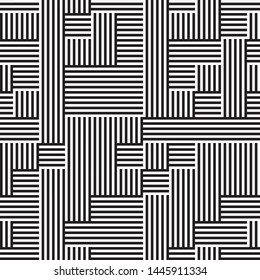 Seamless pattern with black and white stripes. Repeated geometric pattern with intersecting stripes. The proportion between foreground and background (black and white stripes) is 50%:50%.