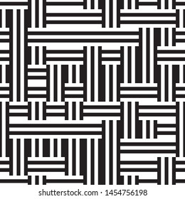 Seamless pattern with black and white stripes. Repeated geometric pattern with intersecting stripes. The proportion between foreground and background (black and white stripes) is 50%:50%.