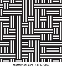 Seamless pattern with black and white stripes. Repeated geometric pattern with intersecting stripes.