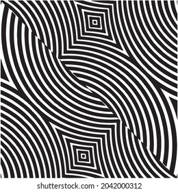 Patrón sin brillo con rayas blancas y negras.Efecto de ilusión óptica. Baldosa geométrica en op art. Diseño futurista y vibrante, fondo vectorial ilustrativo.