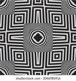 Nahtloses Muster mit schwarz-weißen Streifen.Optischer Täuschungseffekt. Geometrische Kachel in Op Art. Futuristisches und lebendiges Design, Illusiver Vektorhintergrund.