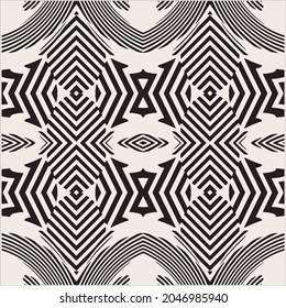 Seamless pattern with black and white stripes.Optical illusion effect. Geometric tile in op art. Futuristic and vibrant design,Illusive vector background.