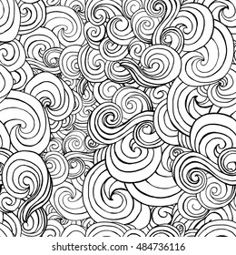 Seamless pattern with black and white stylized curls and waves for fabric textile design, pillow or wrapping. Vector illustration