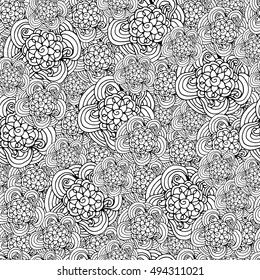 Seamless pattern with black and white stylized curls flowers, waves for fabric textile design, pillow or wrapping. Vector illustration