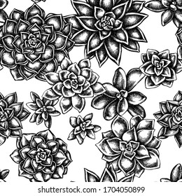 Seamless pattern with black and white succulent echeveria