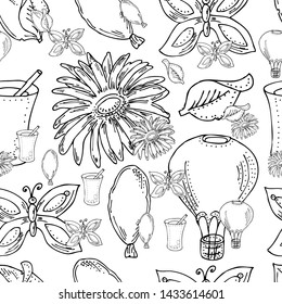 Seamless pattern.  Black and white.  Summer. Flowers, leaves and butterflies. Lemonade and balloons.