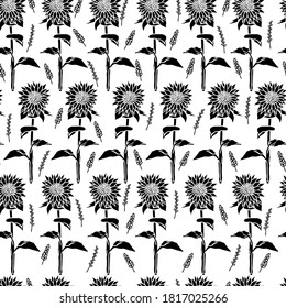 Seamless pattern of black and white sunflowers, cartoon style, doodle style, sunflowers, ears, pattern for fabric, bed linen, wallpaper, gift paper, wrapper, contour, invitation, vector sunflowers