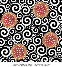 Seamless pattern with black and white swirls and caps of fly agaric mushroom. Color vector background.