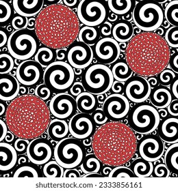 Seamless pattern with black and white swirls and caps of fly agaric mushroom. Color vector background.