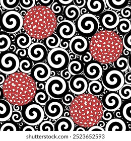 Seamless pattern with black and white swirls and caps of fly agaric mushroom. Color vector background.