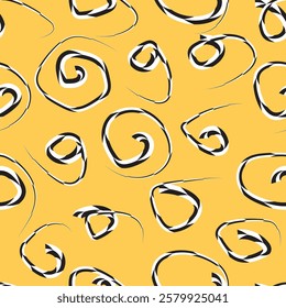 seamless pattern of black and white swirls on a bright yellow background. The curls have a unique shape and size. Curl lines vary in size and shape. the effect is a bold and attractive design.