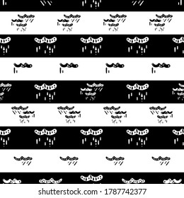 Patrón sin foco. Símbolos blanco y negro. Lluvia. El clima. El agua cae. Ilustración vectorial repetida sin fin 
para banners, fondos de pantalla, etc.