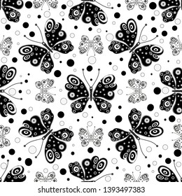 Seamless pattern with black and white symmetrical butterflies and polka dots on a transparent background. Vector image.  Eps 8