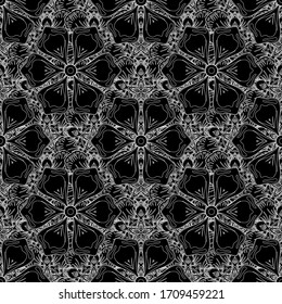 Seamless pattern of black and white textured outline curls. Vector lace, stylized flowers, paisley silhouette. Openwork weaving delicate, abstract art. Oriental style arabesques on contoured backdrop.