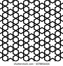Seamless pattern in black and white in thick lines.The six-pointed stars and hexagons.ROUNDED corners.