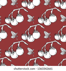 Seamless pattern with black and white tomatoes contour for your design. Vegetable outline elements on red background