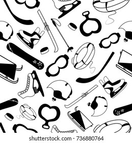 Seamless pattern with black and white tools of winter sports and games