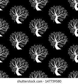 Seamless pattern, black and white tree with branches and leaves, vector background