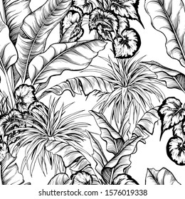 Seamless pattern with black and white tropical leaves. Large variegated leaves. Hand drawn vector illustration.