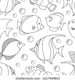 Seamless pattern with black and white tropical fish. Exotic fish. Coloring book page for adult and cids. Monochrome hand drawn line work vector illustration. Suitable for wrapping paper and clothing