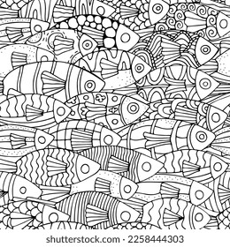 Seamless pattern with black and white tropical fish. Exotic fish. Coloring book page for adult. Monochrome