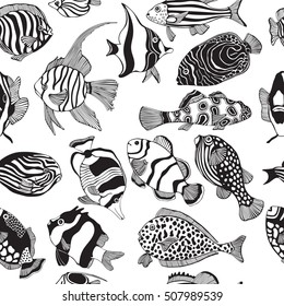 Seamless pattern with black and white tropical fish. Exotic fish. Coloring book page for adult. Monochrome