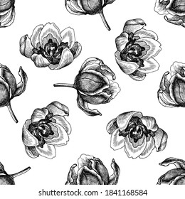 Patrón sin foco con tulipán blanco y negro