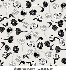 seamless pattern with black and white tulips, vector design for paper, fabric and other surfaces