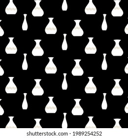 Seamless pattern . Black and white . White vases on black canvas . Factory textiles . Men's shirts . Silk dressing gowns for men . Banner for exhibitions of pottery works .