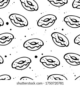 Seamless pattern. Black and white vector illustration. White background. Hand drawn donuts with cream, sprinkles, dots.