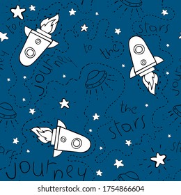 Seamless pattern. Black and white vector illustration. Dark blue background. Hand-drawn rocket, flying saucer, UFO, stars, endless dotted line.