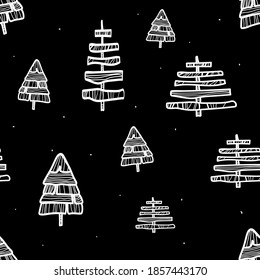 Seamless pattern. Black and white vector illustration. Christmas creative trees on a black background.