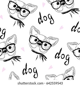 seamless pattern with Black and white vector sketch of a dog. Vector Illustration.