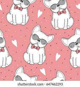 seamless pattern with Black and white vector sketch dog. Vector Illustration.