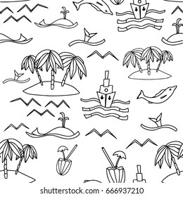 Seamless pattern in black & white vector outline, with 7 shapes: gull, whale, dolphin, ship, island, palms, cocktail, waves (sea and vacation theme).