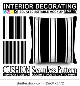 Seamless pattern black and white vertical stripes with cushion mockup. Isolated and editable. CMYK color space ready to print. This pattern can also used for other.