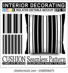 Seamless pattern black and white vertical stripes with cushion mockup. Isolated and editable. CMYK color space ready to print. This pattern can also used for other.