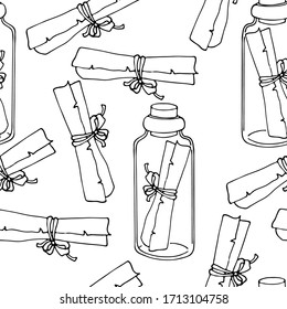 seamless pattern, black and white, vintage letter, bottle message, wallpaper and fabric ornament, wrapping paper, coloring book