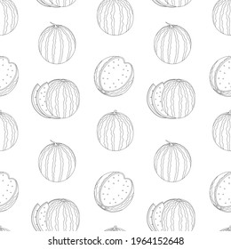 Seamless pattern. Black and white watermelon graphics for coloring design. Vector illustration	