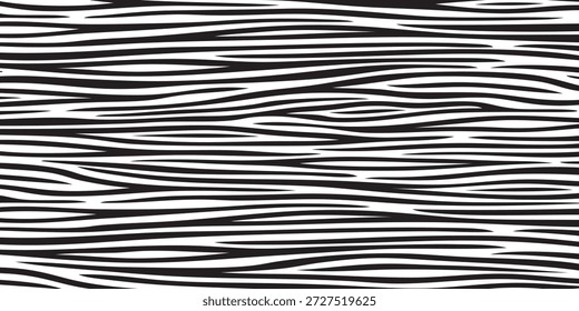 Ein nahtloses Muster aus schwarz-weißen, welligen, horizontalen Streifen, das Zebrafell oder Holzkorn ähnelt.