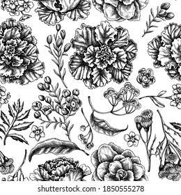 Seamless pattern with black and white wax flower, forget me not flower, tansy, ardisia, brassica, decorative cabbage