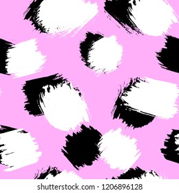 Seamless pattern with black and white wide brush strokes isolated on pink background. Hand drawn ink texture. Minimalistic abstract design.