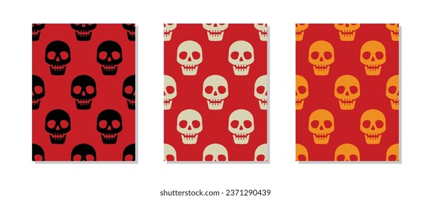 seamless pattern black white and yellow skulls on a red background.