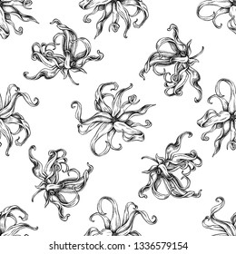 Seamless pattern with black and white ylang-ylang