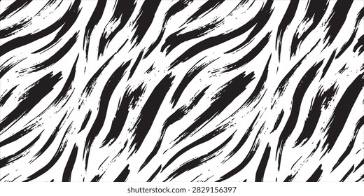 Seamless pattern with black and white zebra stripes painted with a dry brush. background texture