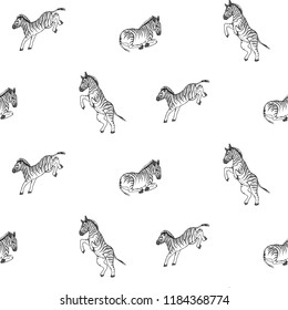 Seamless pattern of black and white zebras on a white background. hand drawn animals in different poses. Vector Design element.