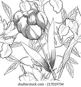 Seamless pattern  black and white.Peony and iris. Vector illustration