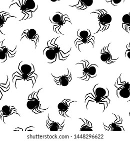Seamless pattern with black widow spiders. Background for Halloween holiday.
