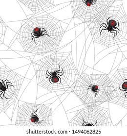 Seamless pattern with black widow spiders. Background for Halloween holiday.